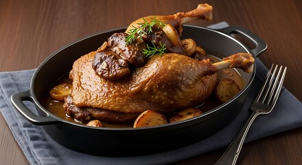 Deliciously roasted duck legs with potatoes and mushrooms served in a dark casserole dish on a wooden table.