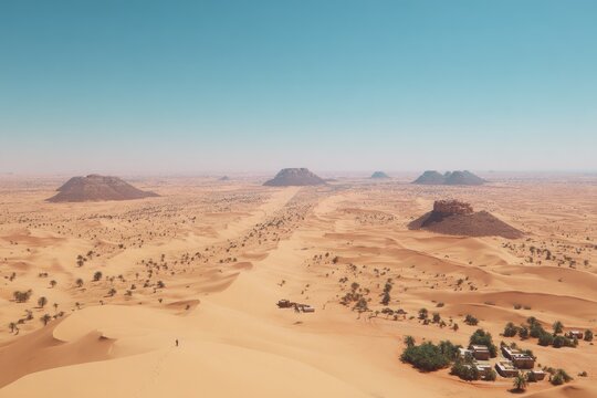 Vast desert landscape with dunes, mesas, and scattered vegetation
