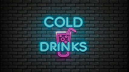 Obraz premium Cold drinks neon sign glowing on dark brick wall background 