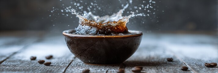 A rich cup of coffee tips over, creating a splash that catches the light, set against an old wooden table, with scattered coffee beans around it.