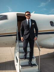 Successful Businessman Descending Private Jet Stairs in Suit