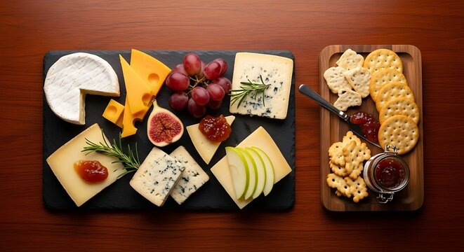 An elegant charcuterie board with a variety of cheeses, fresh fruit, and crackers on a dark wooden table.