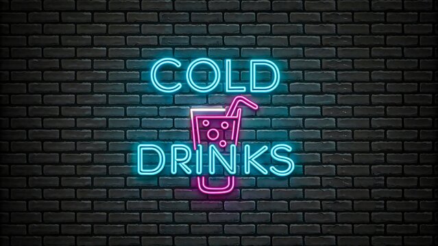 Cold drinks neon sign glowing on dark brick wall background
