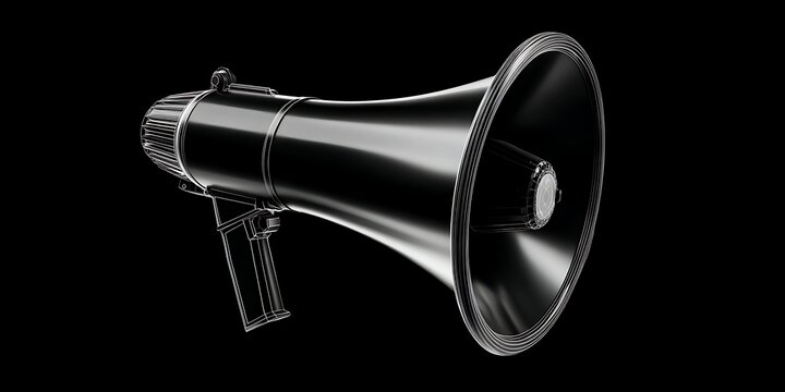 Commanding chrome megaphone ready to amplify your message, perfect for impactful announcements, urgent calls, or bold statements on a sleek black background