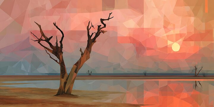 Stunning geometric sunset landscape with silhouetted trees reflecting in calm water, perfect for nature blogs or atmospheric website backgrounds