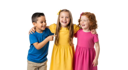 Three happy children, a boy and two girls, embrace and laugh with joy, a symbol of friendship and childhood fun