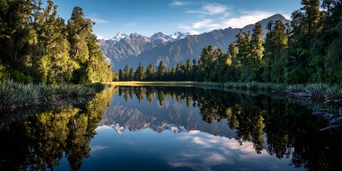 Breathtaking alpine lake reflecting snow capped mountains and vibrant green forest in a stunning natural landscape perfect for adventure travel ads