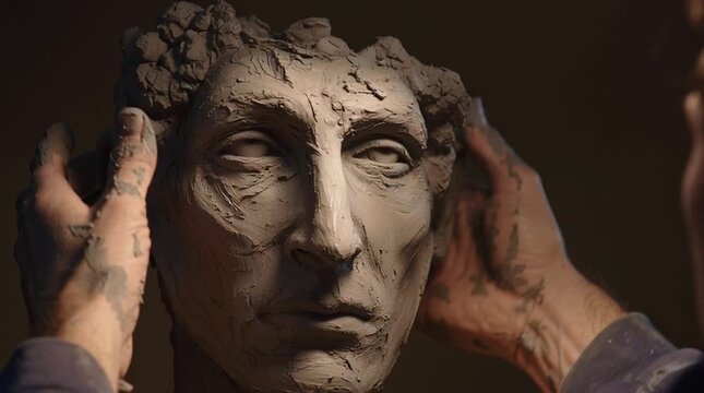 A sculptor meticulously shaping a clay statue with skilled hands and focused attention.