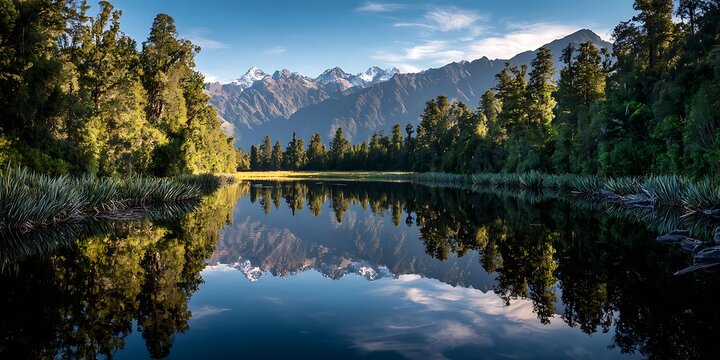 Breathtaking alpine lake reflecting snow capped mountains and vibrant green forest in a stunning natural landscape perfect for adventure travel ads - Powered by Adobe