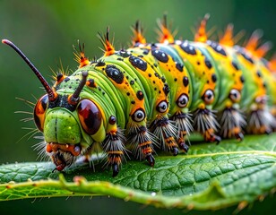 Close-up of a vibrant caterpillar crawling on a lush green leaf