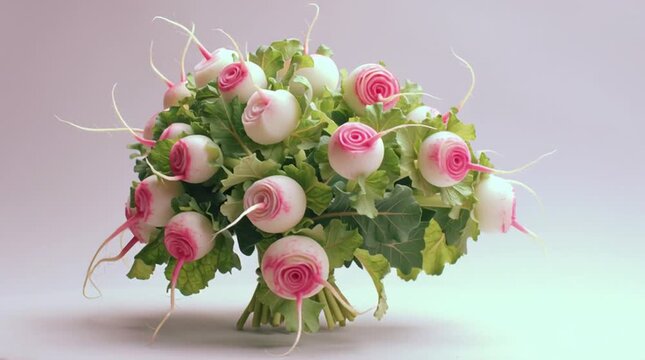 A creative arrangement of radishes styled as blooming flowers in a vibrant bouquet.