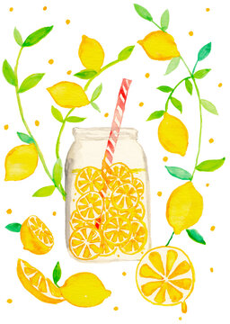 Lemonade in a glass jar with fresh lemons and leaves, watercolor illustration