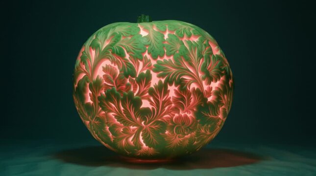 A beautifully carved pumpkin showcasing intricate floral patterns and vibrant colors.