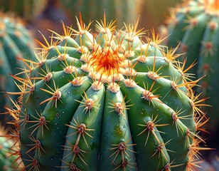 Close-up of green, spiky cactus with sunlight and orange spines