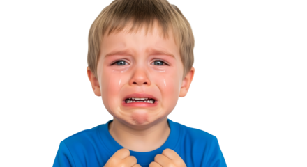Close-up of a young Caucasian boy crying intensely with his fists clenched, expressing strong emotions of sadness or distress