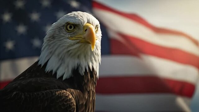 American bald eagle with American flag background