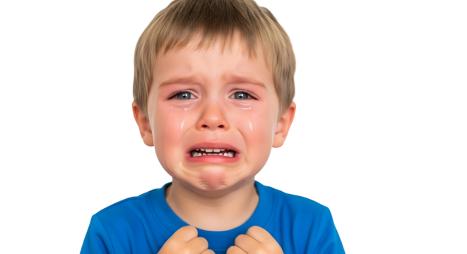 Close-up of a young Caucasian boy crying intensely with his fists clenched, expressing strong emotions of sadness or distress