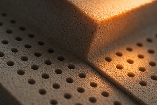 Macro photograph of ventilated ceramic panel with perforated structure illuminated by warm light. The image highlights the material&rsquo;s porous texture and modern geometry, symbolizing architectural inno