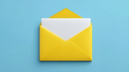 A bright yellow envelope with a blank white card peeking out, set against a blue background
