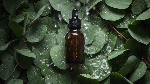 amber bottle on cajuput leaves and droplets