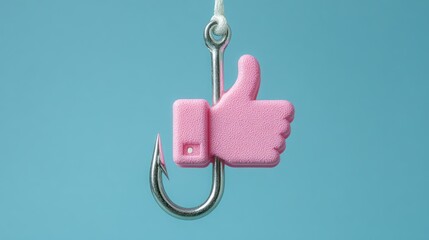 A chrome fishhook with a pink "thumbs up" suspended against a blue backdrop
