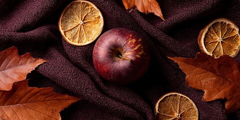 Cozy autumn vibes with a vibrant red apple, dried citrus slices, and golden leaves on a warm, textured fabric for Thanksgiving or fall promotions