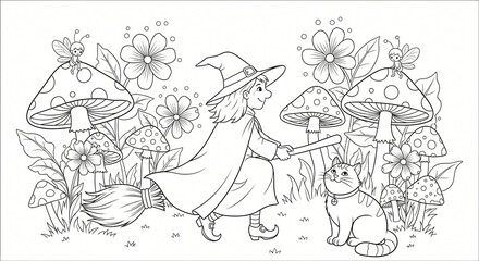 Whimsical witch and friends dancing among giant mushrooms in a magical forest