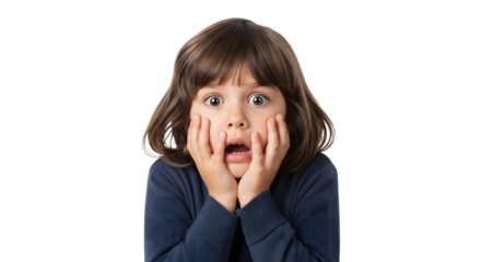 Close-up of a surprised young child with eyes wide open and hands on cheeks, expressing shock and wonder