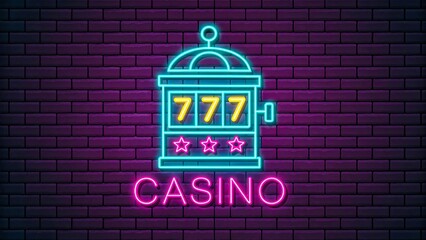 Neon casino slot machine with 777 glowing on dark brick wall background
