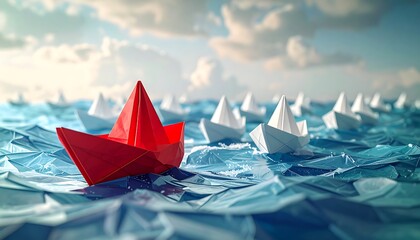 A red paper boat leads a fleet of white boats on a choppy blue ocean under a partly cloudy sky, symbolizing leadership