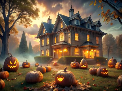 Haunted house with glowing jackolanterns on lawn at dusk