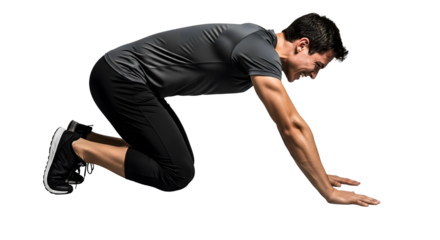 Man performing a fitness exercise on his hands and knees, demonstrating physical conditioning and strength training