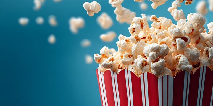 Get your movie night started with delicious popcorn overflowing from a classic red and white striped container on a vibrant blue background