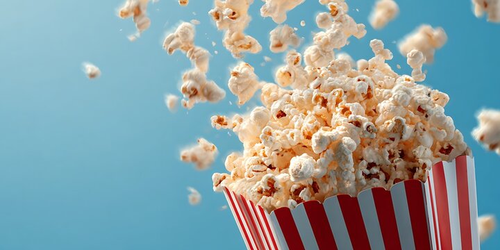 Mouthwatering popcorn explosion on vibrant blue background perfect for cinema, movie nights, and snacking advertisements sure to grab attention