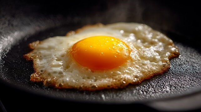 Golden fried egg sizzling in a pan, perfect for breakfast menus or culinary content with a healthy eating message for a dynamic food blog