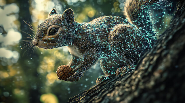 A metallic squirrel climbing digital trees and collecting encoded acorns 