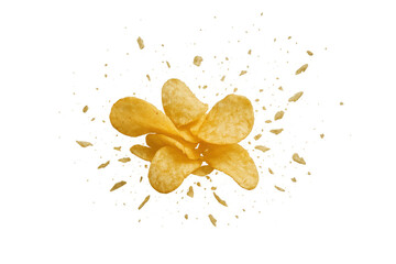 Crispy golden potato chips exploding into flying crumbs and fragments, dynamic scattering motion on transparent background, isolated close-up