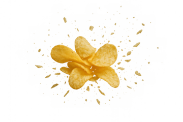 Crispy golden potato chips exploding into flying crumbs and fragments, dynamic scattering motion on transparent background, isolated close-up