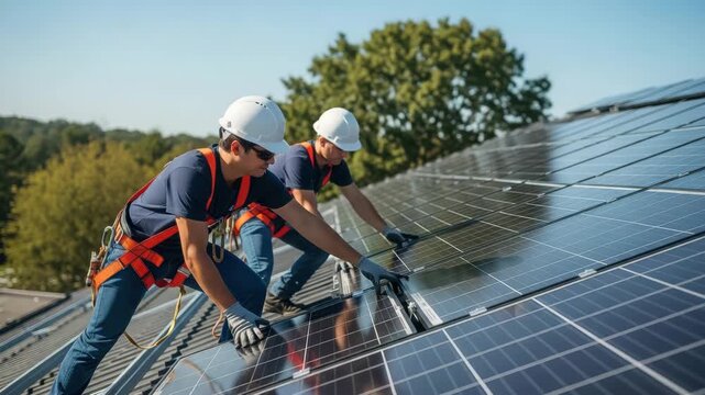 Two workers installing solar panels on a rooftop under a clear blue sky