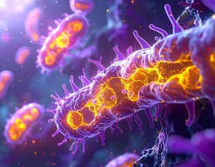 Close-up of glowing microscopic cells against a dark background