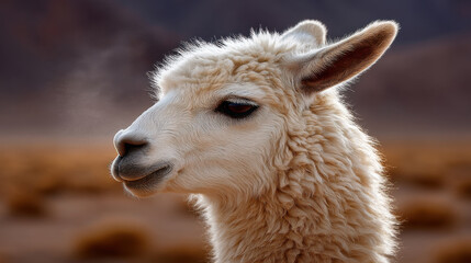 Obraz premium Fluffy white llama stands serene desert landscape, exhaling visible breath cool air, with soft golden light highlighting its
