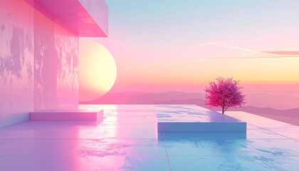 Serene pink and purple pastel landscape with a reflective pool and a lone tree under a glowing orb sunrise