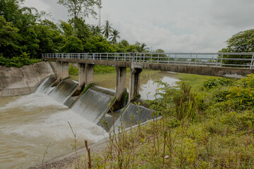 A flood control gate built on a river for use during raining season