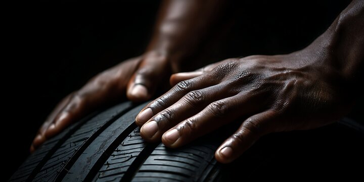 Expert mechanic's hands carefully inspecting tire tread for wear and tear, ensuring safety and performance with precision and care in the automotive shop