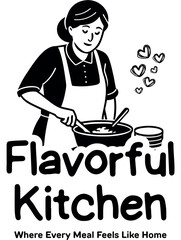 Flavorful kitchen logo design featuring a chef cooking and text typography