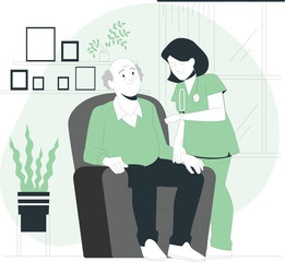 Nurse assisting elderly man sitting in armchair with framed pictures on wall Keywords: nurse, caregiver, elderly, man, senior, patient, armchair, sitting, home, care, assistance, medical