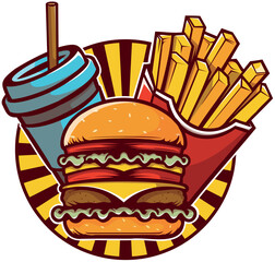 Delicious burger fries and drink combo meal fast food graphic