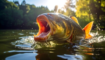 Carp leaps out of water, mouth agape