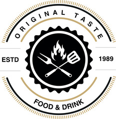 Original taste food drink logo with grill and utensils emblem classic design