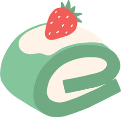 Delicious green swiss roll cake topped with fresh strawberry dessert